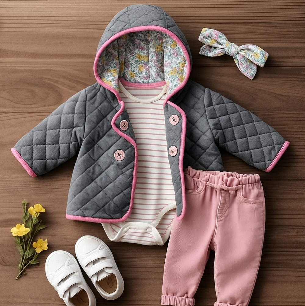 Baby Boden Quilted Hooded Jacket 3–6M Gray Pink Trim Floral Lining Double Breast